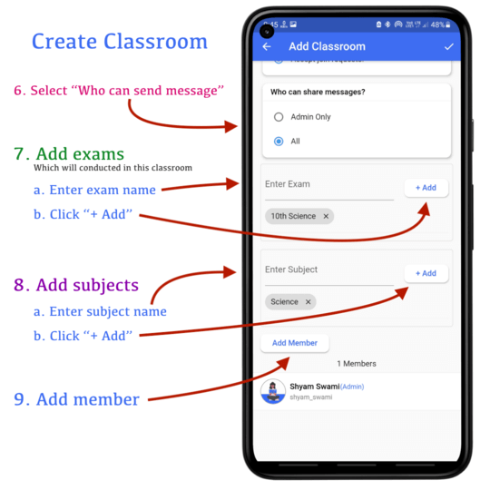 How to add exam and subjects while creating classroom | CQN - Classroom Quiz Notes application