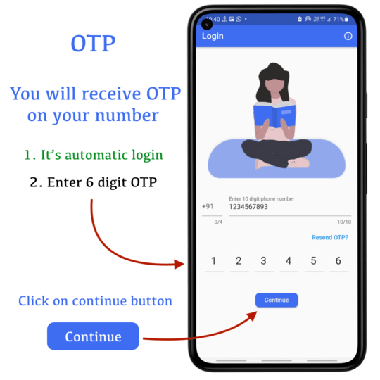 Enter your received OTP and continue | CQN - Classroom Quiz Notes application