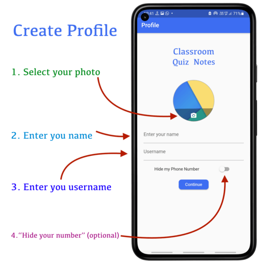 Create your profile | CQN - Classroom Quiz Notes application