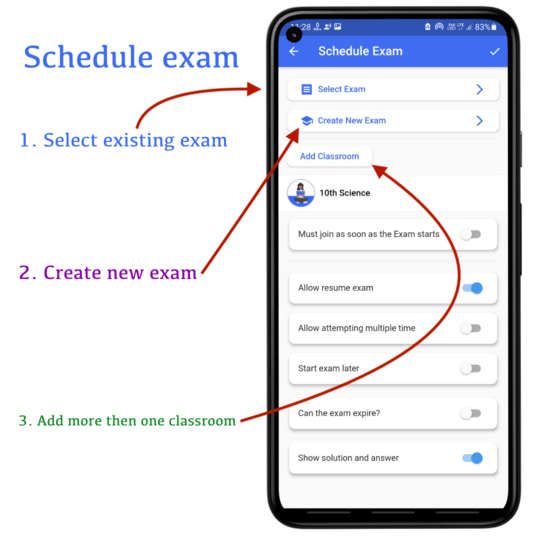 Add exam / select exam for scheduling exam | CQN - Classroom Quiz Notes application