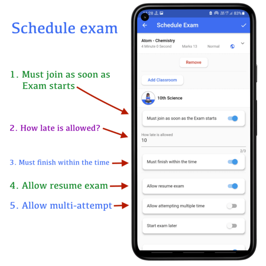 Exam joining time and priority in schedule exam | CQN - Classroom Quiz Notes application